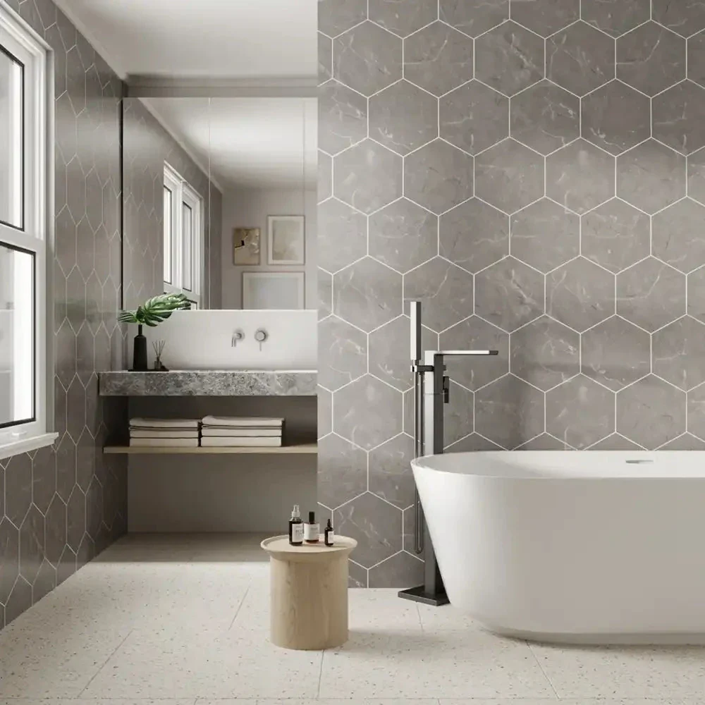 Lunar Stone Hexagon Tile Grout Line 1m Wall Panel